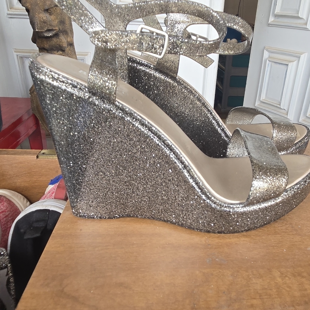 BAMBOO Silver Glitter Wedge Sandals